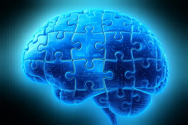 Cerebro formado por piezas de puzle encajadas, que representa el conocimiento de la empresa reunido en un solo sitio