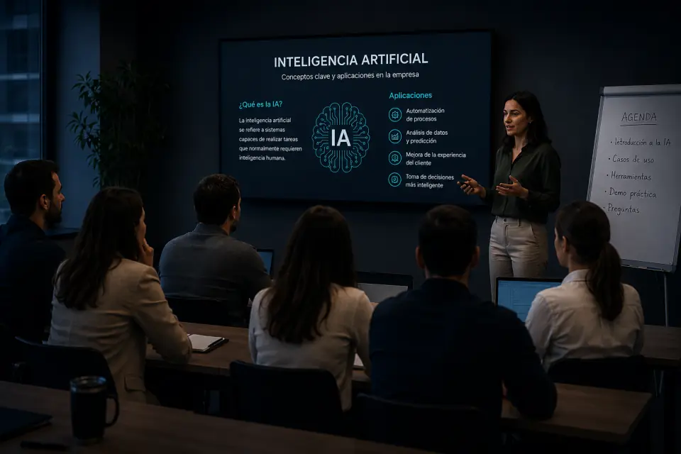 Una formadora explica conceptos de inteligencia artificial a un equipo reunido en una sala de juntas.